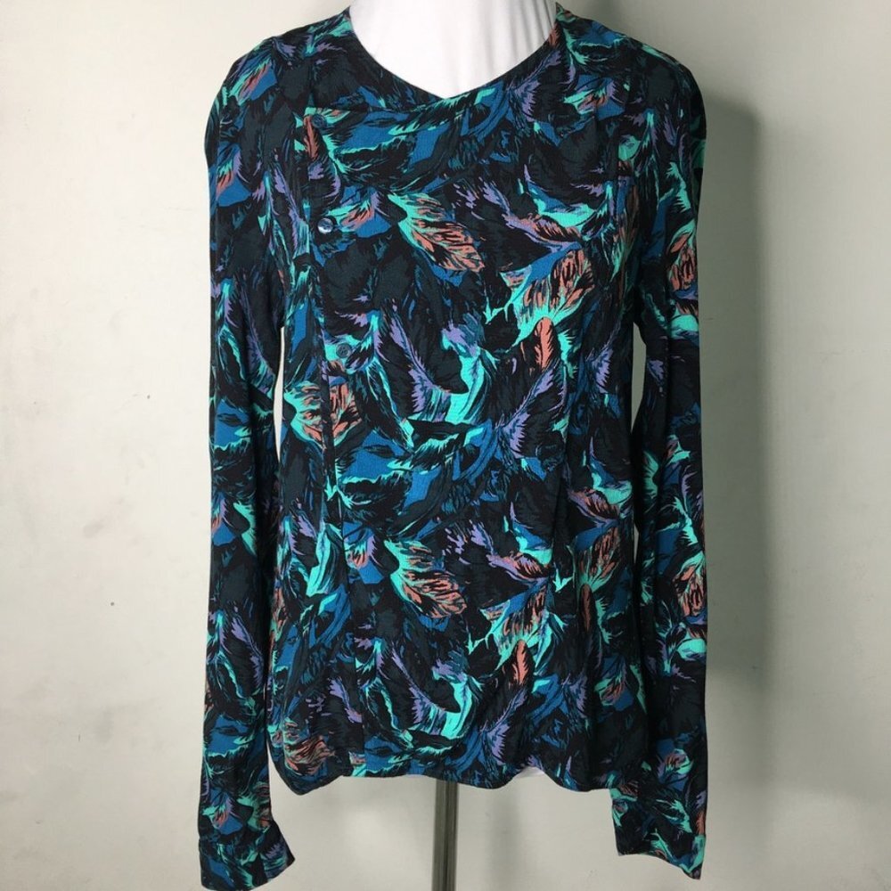 Antik Batik Women's Blue Black Long Sleeve Tropical Print Blouse Size XS